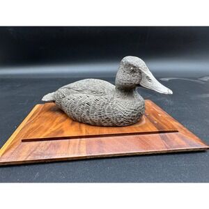 Vintage Pewter Duck‎ Figurine On Wood Base Bird Sculpture Wildlife Home Decor